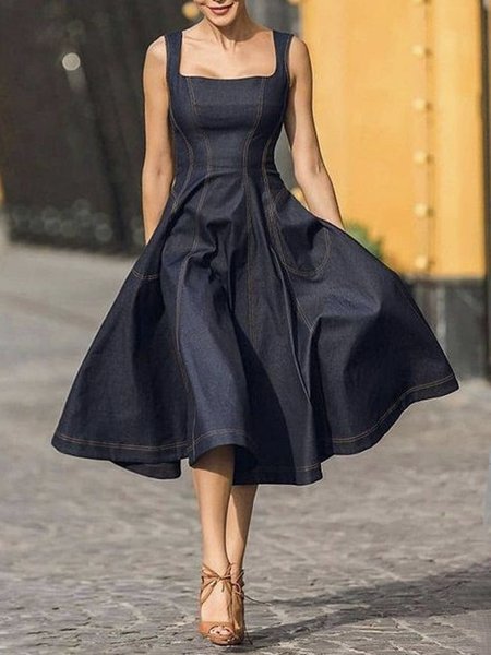 

Pocket Stitching Urban Regular Fit Plain Denim Dress, Dark blue, Midi Dresses