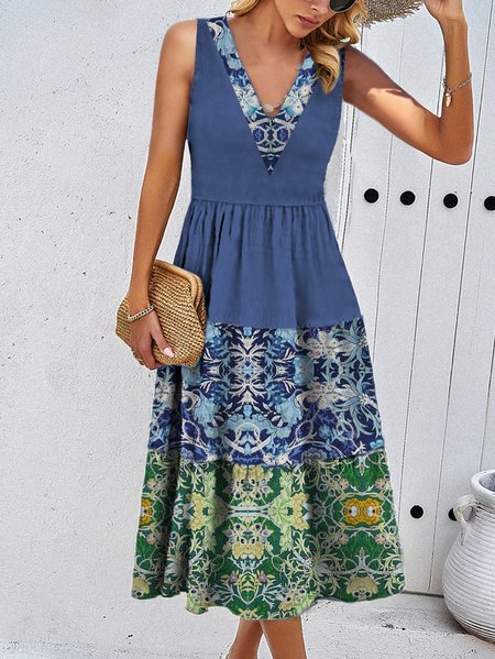 

Women Floral V Neck Sleeveless Comfy Casual Applique Midi Dress, Dark_blue, Maxi