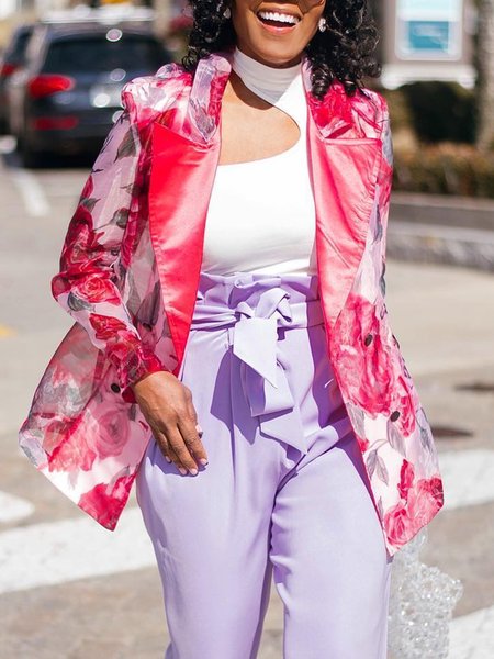 

Loose Floral Vacation Lapel Collar Long Sleeve Blazer, As picture, Blazers