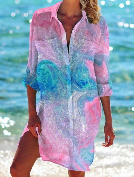 

Casual Cotton And Linen Loose Gradient Pattern Shirt Dress, Pink, Shirt Dresses