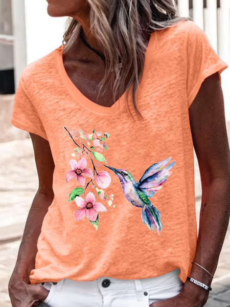 

Women's Hummingbird Watercolor Nature Bird Lover V Neck Casual Regular Fit T-Shirt, Orange, T-shirts