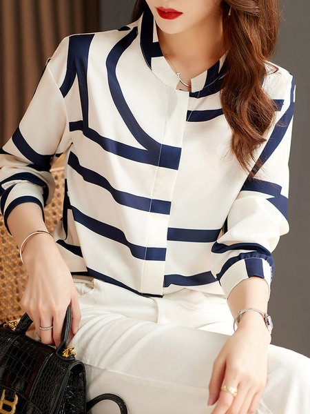 

Regular Fit Urban Stand Collar Geometric Blouse, White-blue, Blouses and Shirts
