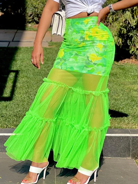 

Medium Elasticity Floral Elegant Regular Fit Maxi Skirt, Green, Skirts