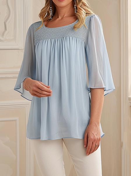 

Chiffon Crew Neck Casual Shirt, Sky blue, Shirts & Blouses