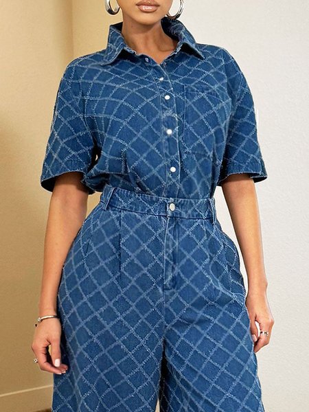 

Shirt Collar Urban Plaid Denim Blouse, Blue, Blouses and Shirts