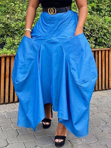 

Urban Plain Loose Pockets Faux Denim Skirt, Blue, Denim Skirts