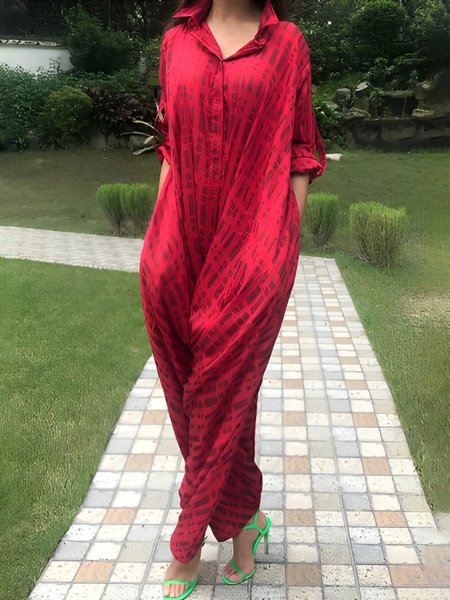 

Vacation Shawl Collar Loose Jumpsuit, Red, Jumpsuits