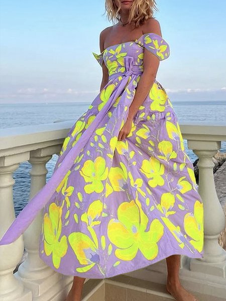 

Regular Fit Floral Cold Shoulder Vacation Dress With Belt, Purple, Midi Dresses