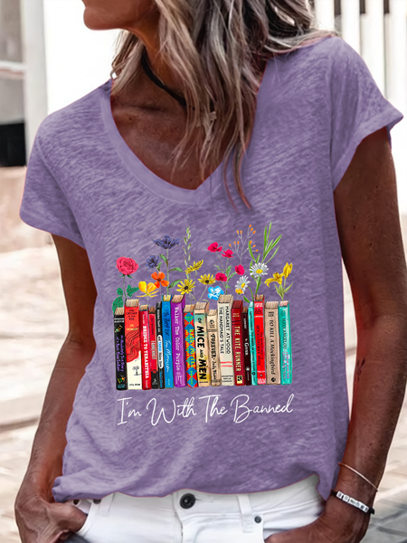 

Women's I'm With The Banned Flowers Book Lover Gift Regular Fit V Neck Floral Casual T-Shirt, Purple, T-shirts