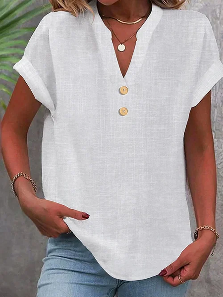 

Plain V Neck Simple Linen Style Blouse, White, Blouses & Shirts