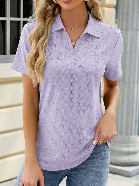 

Shawl Collar Short Sleeve Plain Regular Micro-Elasticity Loose Shirt For Women, Purple, Blouses