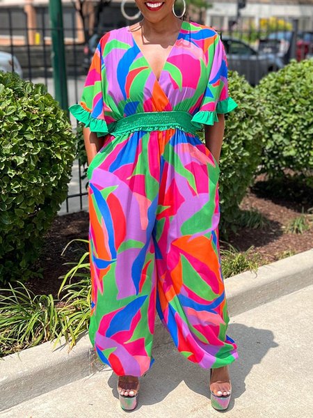 

Geometric V Neck Vacation Regular Fit Jumpsuit, As picture, Jumpsuits