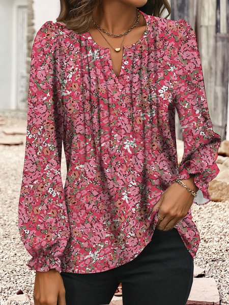 

Notched Long Sleeve Floral Regular Loose Shirt For Women, Red, Blouses