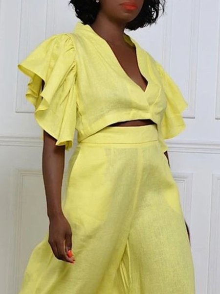 

Regular Fit V Neck Casual Cotton And Linen Shirt, Yellow, Blouses and Shirts