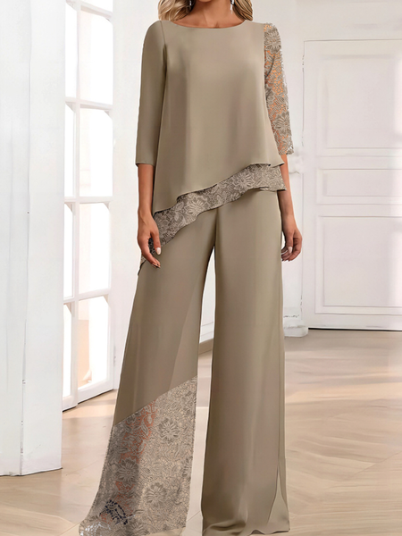 

Women Plain Crew Neck Three Quarter Sleeve Comfy Casual Top With Pants Two-Piece Set, Khaki, Sets