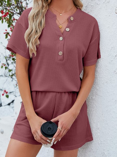 

Women Plain Shirt Collar Short Sleeve Comfy Casual Top With Pants Two-Piece Set, Brick red, Sets