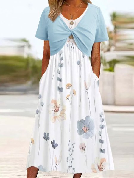 

Women Small Floral Crew Neck Short Sleeve Comfy Casual Maxi Dress, Blue, Midi