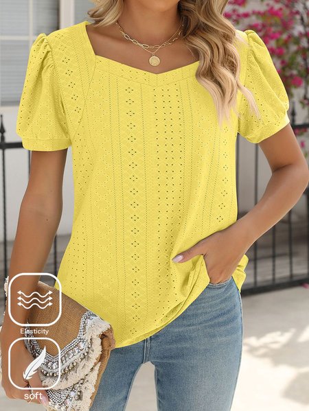 

Plus Size Casual Sweetheart Neckline Knitted Plain T-Shirt, Yellow, T-Shirts