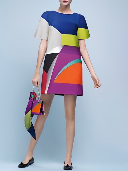 

Urban Geometric Crew Neck Loose Dress, Multicolor, Mini Dresses