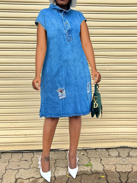 

Loose Denim Urban Stand Collar Cap Sleeve Denim Short Dress, Denim blue, Mini Dresses