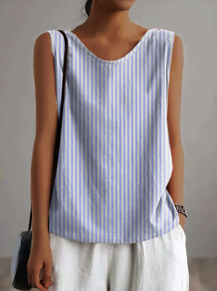 

Loose Striped Simple Crew Neck Linen Style Tank Top, Blue, Tank Tops & Camis
