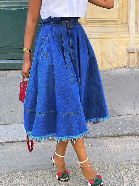 

Loose Plain Denim Urban Denim Midi Skirt, Denim blue, Denim Skirts