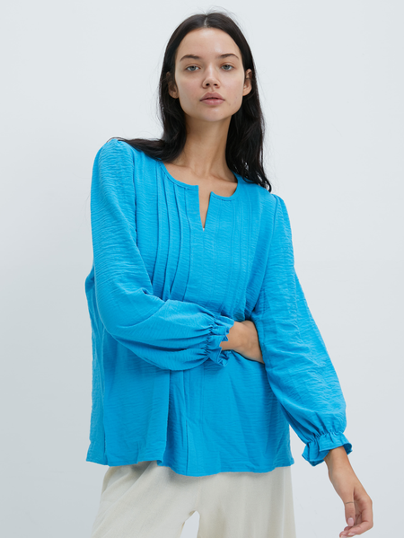 

Notched Long Sleeve Plain Regular Loose Shirt For Women, Blue, Blouses