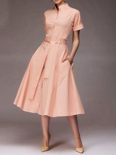 

Buckle Regular Fit Stand Collar Urban Dress With Belt, As picture, Midi Dresses