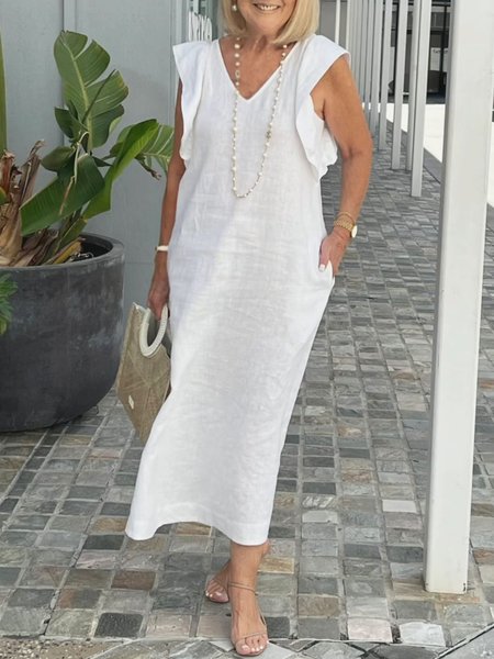 Casual Linen V Neck Plain Loose Dress, White, Maxi Dresses