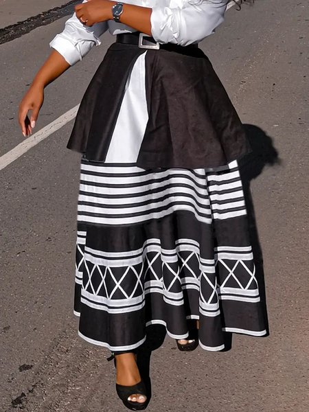 

Striped Loose Urban A-Line Long Skirt, Black-white, Skirts