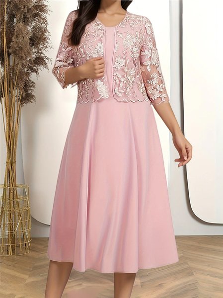 

Elegant Plain Lace Two-Piece Set, Pink, Suit Set