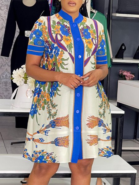 

Floral Stand Collar Loose Urban Dress, Blue, Mini Dresses