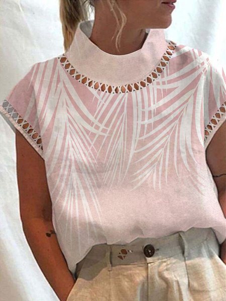 

Casual Stand Collar Loose Coconut Tree Shirt, Pink, Shirts & Blouses