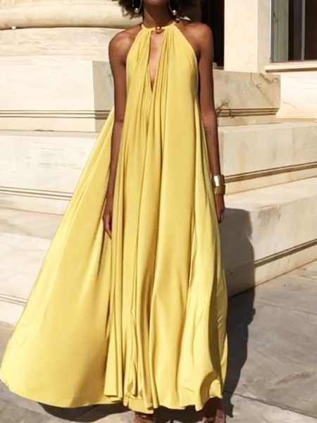 

Vacation Halter Sleeveless Plain Long Dress, Yellow, Maxi Dresses