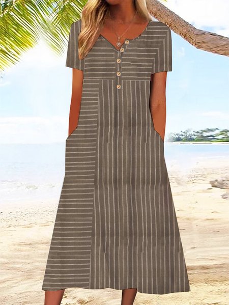 

Women's Vacation Dress Casual Buckle Jersey Vacation Striped Printed Midi Dress, Khaki, Midi