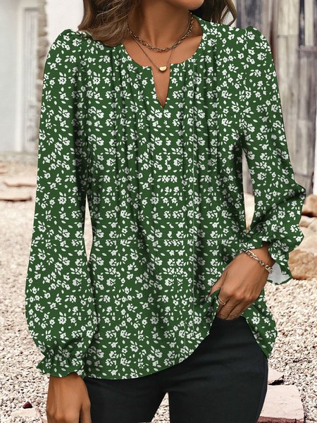 

Notched Long Sleeve Floral Regular Loose Shirt For Women, Green, Blouses