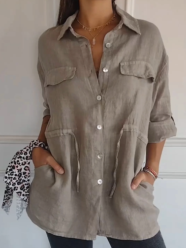 

Simple Shirt Collar Plain Linen Style Blouse, Khaki, Blouses & Shirts