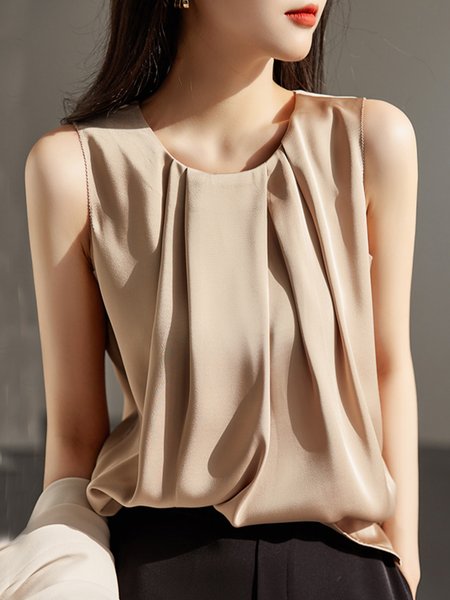 

Elegant Crew Neck Plain Tank Top, Khaki, Tanks and Camis
