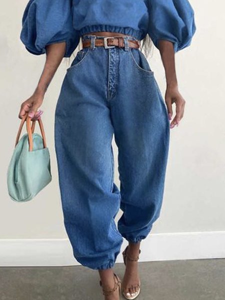 

Casual Denim Plain Pocket Stitching Jeans, Blue, Jeans