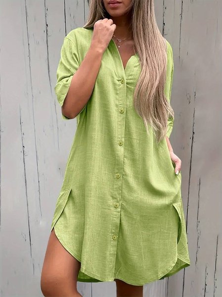 

Shirt Collar Linen Plain Dress, Green, Dresses