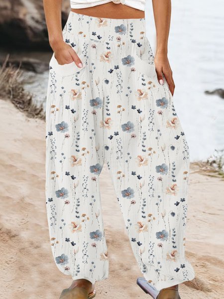 

Casual Floral Long Pocket Stitching Pant, White, Pants
