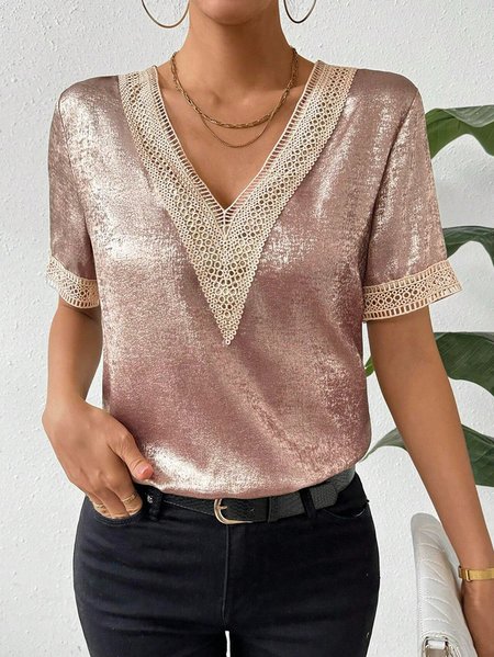 

V Neck Short Sleeve Plain Glitter Regular Loose Shirt For Women, Golden, Blouses