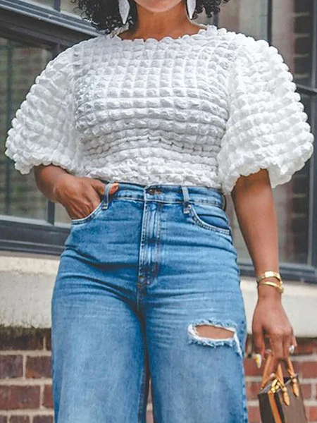 

Regular Fit Crew Neck Short Sleeve Plain Urban Shirt, White, Blouses and Shirts