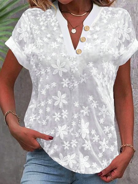 

Women's Short Sleeve Blouse Summer White Plain Embroidery Buttoned Cotton V Neck Daily Going Out Simple Top, Black, Blouses