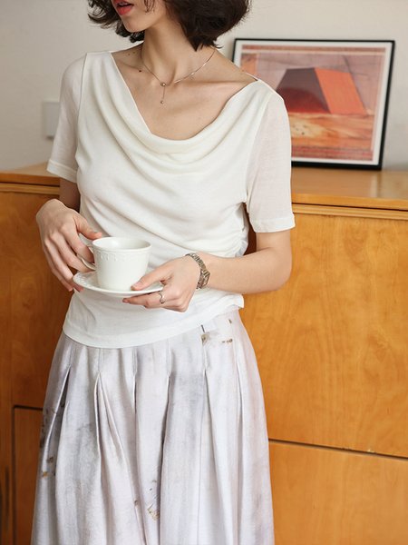 

Plain Short Sleeve Casual Loose T-Shirt, Off white, Tees