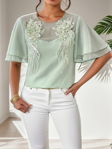 

Chiffon Crew Neck Casual Loose Shirt, Aqua, Shirts & Blouses