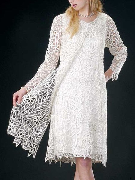 

Elegant Crew Neck Plain Lace Two-Piece Set, White, Suit Set