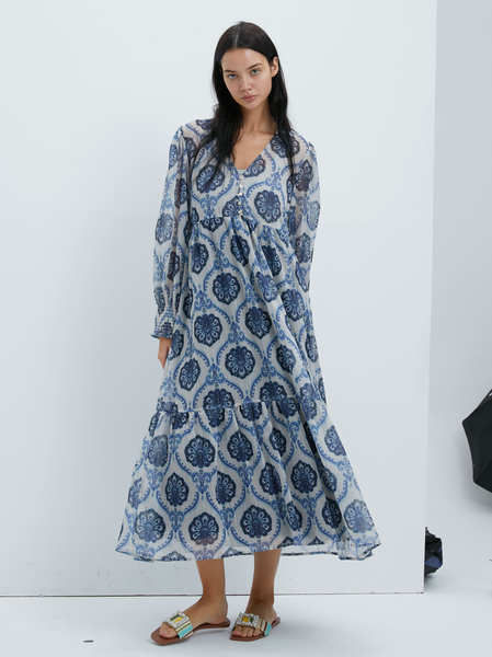 

Women Ethnic Geometry V Neck Long Sleeve Comfy Casual Midi Dress, As picture, Maxi