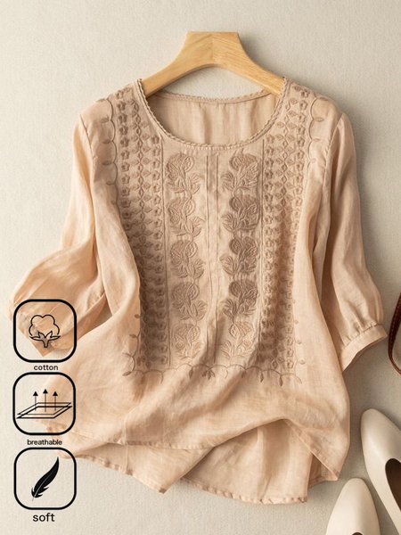 

Casual Cotton Loose Embroidery Shirt, Khaki, Blouses & Shirts