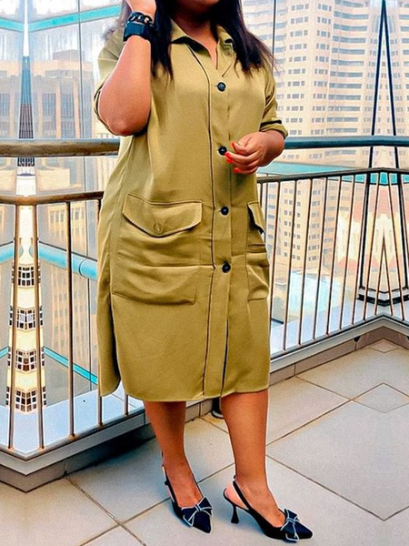 

Loose Urban Shirt Collar Short Sleeve Plain Short Dress Shirt Dress, Khaki, Midi Dresses